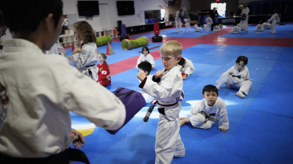 Jeon's World Martial Arts kids spar in class.